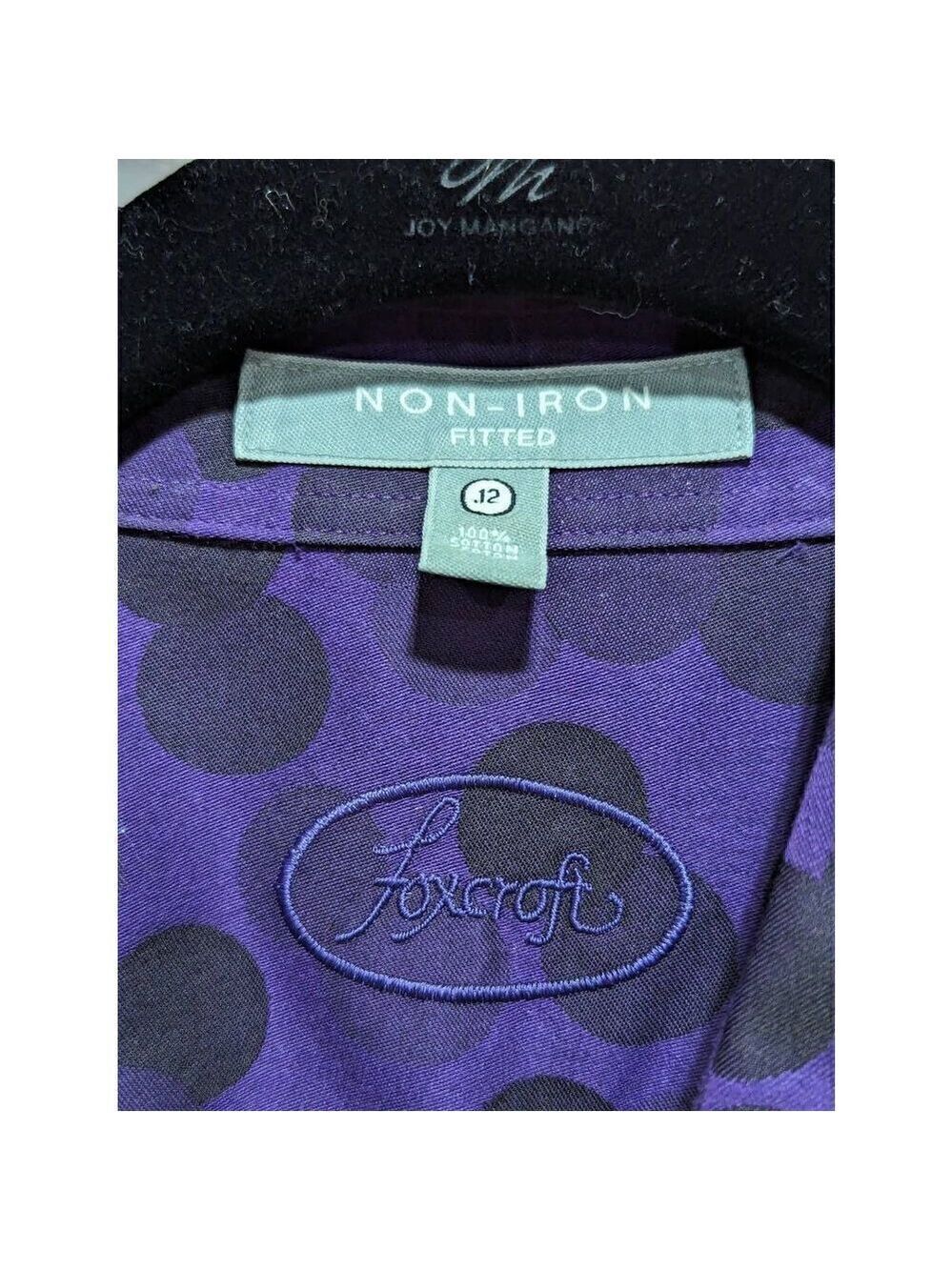 Foxcroft Women's 12 Purple Long Sleeve Button Front Blouse Black Abstract Polka - Picture 2 of 10